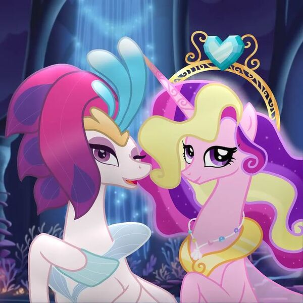 Size: 640x640 | Tagged: safe, artist:heart.of.empire, derpibooru import, princess cadance, queen novo, alicorn, pony, seapony (g4), my little pony: the movie, collar, coral, crown, cute, digital art, duo, duo female, ethereal mane, eyeshadow, female, fin wings, fins, flowing mane, gem, hoof shoes, image, jewelry, jpeg, looking at you, makeup, mare, necklace, ocean, older, older princess cadance, one eye closed, open mouth, open smile, peytral, purple eyes, regalia, seaponified, seapony cadance, seaquestria, seashell, seashell necklace, smiling, species swap, starry mane, underwater, water, wings, wink, winking at you