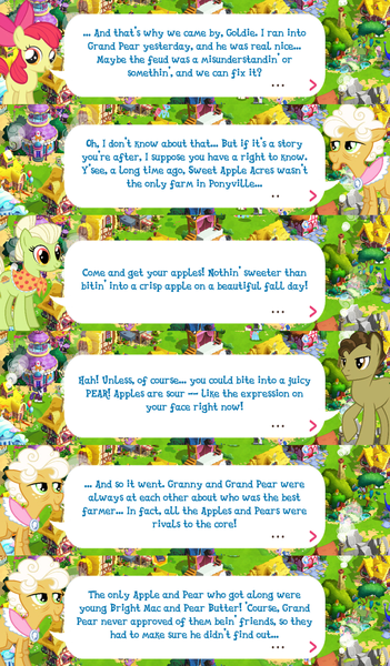 Size: 2048x3499 | Tagged: safe, derpibooru import, official, apple bloom, goldie delicious, grand pear, granny smith, earth pony, pony, apple bloom's bow, bow, brooch, dialogue, dialogue box, english, event, female, filly, foal, gameloft, hair bow, image, implied bright mac, implied pear butter, jewelry, male, mare, mobile game, my little pony: magic princess, png, shawl, speech bubble, stallion, text, young grand pear, young granny smith, younger
