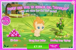 Size: 1954x1297 | Tagged: safe, derpibooru import, official, pear butter, earth pony, pony, advertisement, bush, costs real money, english, female, filly, foal, gameloft, gem, image, implied bright mac, jpeg, mare, mobile game, my little pony: magic princess, numbers, sale, solo, solo focus, text, younger