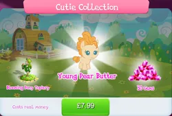 Size: 1270x856 | Tagged: safe, derpibooru import, official, pear butter, earth pony, pony, bundle, bush, costs real money, english, female, filly, foal, gameloft, gem, image, implied bright mac, jpeg, mare, mobile game, my little pony: magic princess, numbers, sale, solo, solo focus, text, younger