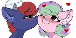 Size: 2000x1000 | Tagged: safe, artist:rileyisherehide, derpibooru import, oc, oc:leeward voyage, oc:yedna letelier, unofficial characters only, earth pony, pony, blushing, cute, duo, female, hat, heart, image, kiss on the cheek, kissing, male, mare, png, sailor hat, simple background, squishy cheeks, stallion, transparent background