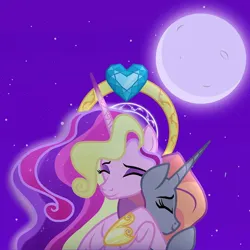 Size: 640x640 | Tagged: safe, artist:heart.of.empire, derpibooru import, princess cadance, oc, oc:princess spark, alicorn, pony, alicorn oc, crown, duo, duo female, ethereal mane, eyeshadow, female, gradient horn, hoof shoes, horn, hug, image, jewelry, jpeg, makeup, mare, moon, night, not shipping, older, older princess cadance, regalia, show accurate, stars, wings