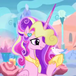Size: 640x640 | Tagged: safe, artist:heart.of.empire, derpibooru import, princess cadance, alicorn, bird, pony, cutie mark accessory, eyeshadow, female, gradient horn, hoof shoes, horn, image, jpeg, makeup, mare, older, older princess cadance, peytral, show accurate, solo