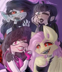 Size: 768x891 | Tagged: safe, artist:yarart123, derpibooru import, fluttershy, anthro, bat pony, human, undead, unguligrade anthro, vampire, adventure time, alternate hairstyle, bat ponified, black sclera, blood, breasts, choker, clothes, crossover, draculaura, dress, ear piercing, earring, eyeshadow, fangs, female, fingerless gloves, flannel, flutterbat, gloves, grin, hat, hotel transylvania, image, jewelry, lipstick, makeup, marceline, mavis dracula, monster high, nail polish, one eye closed, open mouth, piercing, png, race swap, red sclera, shirt, smiling, spiked choker, sun hat, t-shirt, tanktop, tongue out, unshorn fetlocks, wall of tags, wink