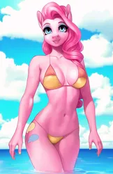 Size: 1140x1762 | Tagged: suggestive, artist:therocknrollmartian, derpibooru import, pinkie pie, anthro, belly button, bikini, breasts, busty pinkie pie, clothes, cloud, eyeshadow, female, image, legs in the water, legs together, makeup, ocean, painted nails, partially submerged, pinup, png, sky, smiling, solo, solo female, swimsuit, water, wet