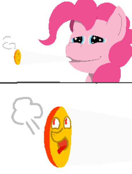 Size: 1032x1364 | Tagged: safe, artist:minus, derpibooru import, pinkie pie, oc, oc:pipadeaxkor, demon, demon pony, original species, pony, 2 panel comic, 2022, ahegao, bust, comic, derpibooru exclusive, drugs, high, image, joint, marijuana, open mouth, pixel art, png, portrait, simple background, smoking, stoned, tongue out, transparent background