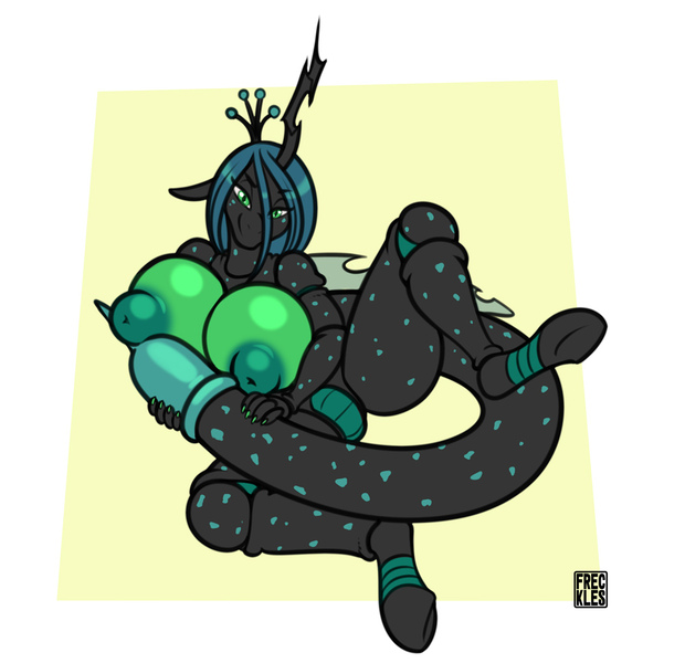 Size: 1000x968 | Tagged: questionable, artist:freckles, derpibooru import, queen chrysalis, anthro, changeling, plantigrade anthro, unguligrade anthro, areola, ass, bedroom eyes, big areola, big breasts, breasts, busty queen chrysalis, butt, cell (dragon ball), dragon ball, dragon ball z, female, fusion, huge breasts, image, inverted nipples, jpeg, looking at you, lying down, nipples, nudity, passepartout, puffy areolas, side, simple background, smiling, smiling at you, solo, solo female, white background