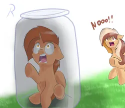 Size: 3580x3080 | Tagged: safe, artist:reinbou, derpibooru import, oc, oc:delicatezza, oc:sweet cinnamon, unofficial characters only, bat pony, pony, unicorn, duo, duo female, female, image, jar, not sunburst, png, pony in a bottle, scared, screaming, text