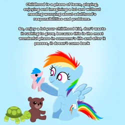 Size: 1400x1400 | Tagged: safe, artist:mlplary6, derpibooru import, firefly, rainbow dash, pegasus, pony, turtle, g1, childhood, female, filly, filly rainbow dash, foal, gradient background, image, playing, plushie, png, sitting, smiling, teddy bear, text, toy, younger