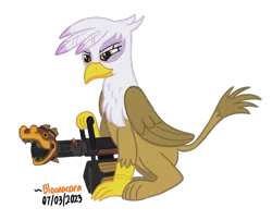 Size: 941x761 | Tagged: safe, artist:bloonacorn, derpibooru import, gilda, gryphon, /mlp/ tf2 general, female, folded wings, huo-long heater, image, lidded eyes, minigun, png, simple background, sitting, smug, solo, team fortress 2, transparent background, weapon, wings