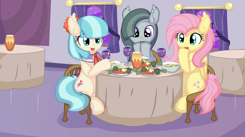 Size: 10448x5877 | Tagged: safe, artist:cyanlightning, derpibooru import, coco pommel, fluttershy, marble pie, earth pony, pegasus, pony, .svg available, absurd resolution, broccoli, canterlot, carrot, chair, drink, drinking, eating, female, food, glass, image, mare, open mouth, plate, png, restaurant, sitting, soup, table, the council of shy ponies, vector, window