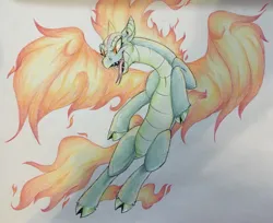 Size: 1110x904 | Tagged: safe, artist:chimaerok, derpibooru import, dragon, hybrid, longma, them's fightin' herds, community related, fiery wings, flying, forked tongue, image, mane of fire, png, sharp teeth, simple background, solo, tail, tail of fire, teeth, tianhuo (tfh), traditional art, white background, wings