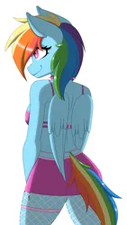 Size: 1547x2736 | Tagged: safe, alternate version, artist:melodytheartpony, derpibooru import, rainbow dash, anthro, pegasus, ass, back, bra, breasts, busty rainbow dash, butt, clothes, collar, cute, doodle, eyelashes, feathered wings, female, fishnets, folded wings, hips, image, looking away, multicolored mane, png, rainbow, rear view, short shirt, sideboob, signature, simple background, smiling, solo, solo female, sparkles, spiked collar, underwear, white background, wings