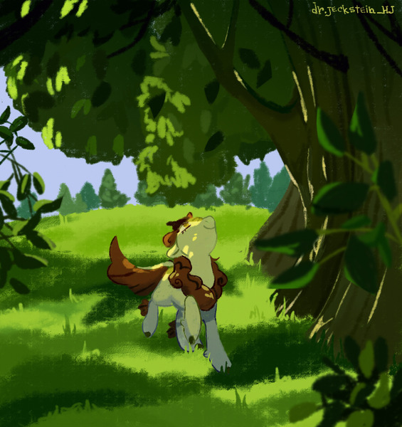 Size: 2048x2176 | Tagged: safe, artist:drjeksteinhj, derpibooru import, autumn blaze, kirin, pony, forest, image, jpeg, looking up, solo, tree