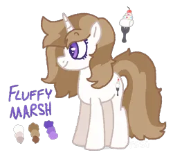 Size: 1846x1669 | Tagged: artist needed, safe, derpibooru import, oc, oc:fluffymarsh, pony, unicorn, brown mane, colors, cutie mark, female, food, horn, image, mare, marshmallow, name, name tag, png, purple eyes, reference sheet, silly, small pony, standing, white body