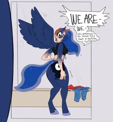Size: 1558x1686 | Tagged: safe, artist:vanillayote, derpibooru import, princess luna, oc, alicorn, anthro, human, pony, unguligrade anthro, changing room, clothes, dialogue, fetish, glasses, human oc, human to pony, image, male to female, mid-transformation, mirror, png, price tag, rule 63, speech bubble, spread wings, standing, traditional royal canterlot voice, transformation, transgender, transgender transformation, wide eyes, wings