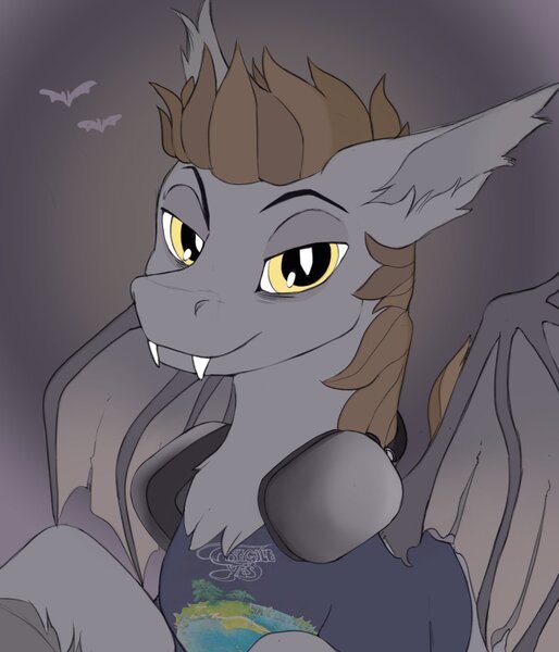 Size: 1000x1167 | Tagged: safe, artist:skitzybean, derpibooru import, oc, oc:devin, unofficial characters only, bat pony, pony, airpods, airpods max, apple, band shirt, bat wings, bust, chest fluff, clothes, cute, cute little fangs, fangs, food, fragile, gray background, headphones, image, jpeg, looking at you, male, shirt, simple background, smiling, solo, stallion, tufts, unshorn fetlocks, wings, yellow eyes, yes (band)