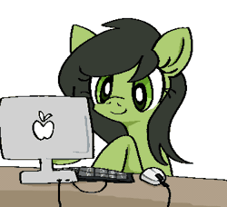 Size: 352x321 | Tagged: safe, artist:muffinz, derpibooru import, oc, oc:anonfilly, unofficial characters only, earth pony, pony, advertisement in description, agony, animated, computer, fear, female, filly, gif, image, simple background, solo, white background, why