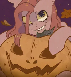 Size: 2030x2200 | Tagged: safe, artist:drjeksteinhj, derpibooru import, pinkie pie, earth pony, pony, autumn, creepy, creepy smile, halloween, holiday, image, jack-o-lantern, jpeg, leaves, night, pinkamena diane pie, pumpkin, smiling, solo