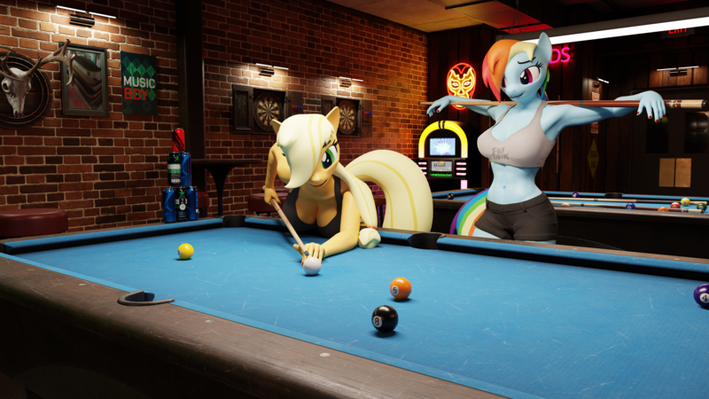 Size: 7680x4320 | Tagged: suggestive, artist:lumimation, derpibooru import, applejack, rainbow dash, anthro, alcohol, bar, bent over, big breasts, breasts, competition, derpibooru exclusive, fit, focus, friendly, game, having fun, high res, image, muscles, png, pool table, relaxed