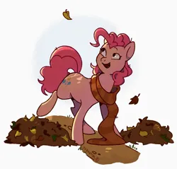 Size: 2048x1960 | Tagged: safe, artist:drjeksteinhj, derpibooru import, pinkie pie, earth pony, pony, clothes, image, jpeg, leaf pile, leaves, scarf, simple background, solo, striped scarf, white background