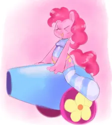 Size: 1559x1735 | Tagged: safe, artist:ombnom, derpibooru import, pinkie pie, earth pony, pony, clothes, eyes closed, image, jpeg, panties, party cannon, smiling, socks, solo, underwear