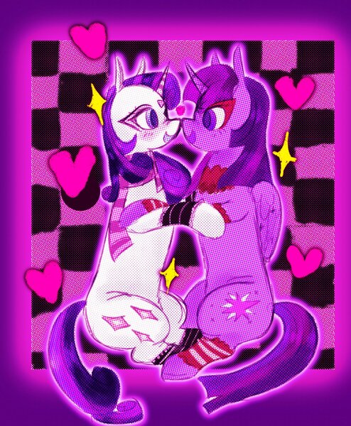 Size: 1579x1917 | Tagged: safe, artist:ombnom, derpibooru import, rarity, twilight sparkle, alicorn, pony, unicorn, boop, clothes, duo, female, heart, hug, image, jpeg, lesbian, makeup, noseboop, rarilight, shipping, sitting