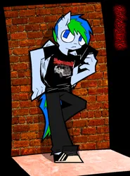 Size: 1650x2232 | Tagged: safe, artist:xxv4mp_g4z3rxx, derpibooru import, oc, unofficial characters only, anthro, pegasus, pony, anthro oc, bipedal, blue eyes, clothes, denim, ear piercing, folded wings, image, jeans, pants, phone, piercing, png, shirt, shoes, solo, t-shirt, tail, two toned mane, two toned tail, wings