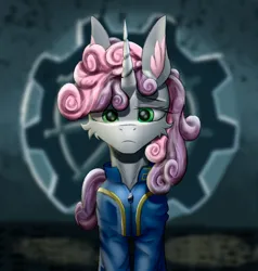 Size: 2060x2160 | Tagged: safe, artist:wailks, derpibooru import, sweetie belle, pony, unicorn, fallout equestria, fanfic, clothes, digital art, fallout, fanfic art, female, high res, image, jpeg, mare, sad, solo, stable, stable 2, stable-tec, tail