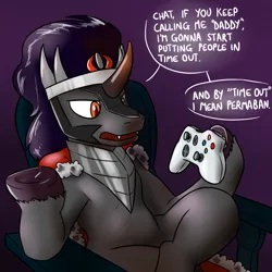 Size: 3500x3500 | Tagged: safe, artist:timsplosion, derpibooru import, king sombra, pony, unicorn, controller, crossed legs, dialogue, frog (hoof), high res, hoof hold, image, jpeg, magnetic hooves, male, sitting, solo, speech bubble, stallion, underhoof, xbox 360 controller