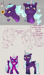 Size: 1920x3214 | Tagged: safe, artist:mythicalartist_, derpibooru import, oc, alicorn, pony, unicorn, g5, bust, curved horn, dialogue, female, frown, gray background, grin, horn, image, mare, misty brightdawn, opaline arcana, png, ponysona, redesign, sharp teeth, simple background, smiling, teeth