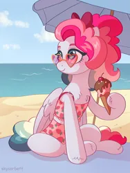 Size: 2304x3072 | Tagged: safe, artist:skysorbett, derpibooru import, oc, oc:sky sorbet, unofficial characters only, pegasus, pony, beach, beach towel, beach umbrella, bow, cherry, chest fluff, clothes, curly hair, female, food, glasses, hair bow, heart shaped glasses, ice cream, ice cream cone, image, mare, multicolored hair, ocean, pegasus oc, png, sitting, solo, sunglasses, swimsuit, towel, umbrella, water, wings