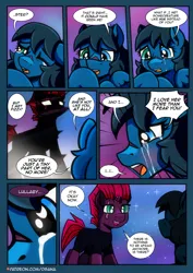 Size: 2480x3508 | Tagged: safe, artist:dsana, derpibooru import, fizzlepop berrytwist, tempest shadow, oc, oc:lullaby dusk, pegasus, pony, unicorn, comic:a storm's lullaby, crying, female, filly, foal, image, png