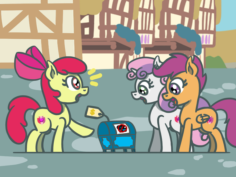 Size: 1800x1350 | Tagged: safe, artist:flutterluv, derpibooru import, part of a set, apple bloom, scootaloo, sweetie belle, earth pony, pegasus, pony, unicorn, atg 2023, chest, cutie mark crusaders, image, jpeg, newbie artist training grounds, ponyville, trio