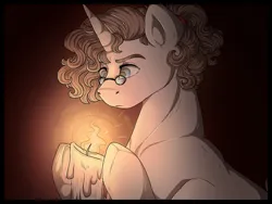 Size: 1280x960 | Tagged: safe, artist:binibean, derpibooru import, oc, oc:bini filters, unofficial characters only, pony, unicorn, black background, candle, image, looking at something, png, simple background, solo, spectacles