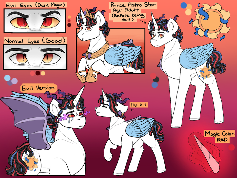 Size: 1280x960 | Tagged: safe, artist:binibean, derpibooru import, oc, oc:astro star, unofficial characters only, alicorn, hybrid, pony, crying, eye mist, gradient background, horns, image, interspecies offspring, male, mismatched wings, offspring, parent:discord, parent:princess celestia, parents:dislestia, png, reference sheet, slit pupils, solo, stallion, wings