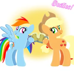 Size: 1400x1400 | Tagged: safe, artist:mlplary6, derpibooru import, applejack, rainbow dash, earth pony, pegasus, pony, applejack's hat, cider, cowboy hat, female, friends, hat, image, looking at each other, looking at someone, mare, png, smiling, smiling at each other, text