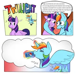 Size: 1238x1232 | Tagged: safe, artist:balileart, derpibooru import, rainbow dash, twilight sparkle, twilight sparkle (alicorn), alicorn, pegasus, pony, alicornified, comic, dialogue, drink, drinking, duo, eyes closed, face grab, female, grin, hoof on face, image, imagine spot, magic, mare, pepsi, personal space invasion, png, race swap, rainbowcorn, simple background, smiling, soda, soda can, speech bubble, sweat, sweatdrop, telekinesis, thought bubble, white background