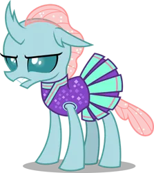 Size: 844x947 | Tagged: safe, artist:fruft, derpibooru import, ocellus, changedling, changeling, angry, cheerleader, cheerleader outfit, clothes, image, ocellus is not amused, png, simple background, solo, transparent background, unamused