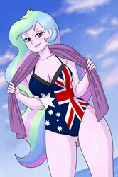Size: 1883x2833 | Tagged: suggestive, artist:rapps, derpibooru import, princess celestia, equestria girls, australia, breasts, cleavage, clothes, cloud, female, image, looking at you, one-piece swimsuit, png, principal celestia, solo, solo female, swimsuit, towel, water