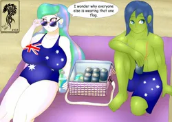 Size: 1754x1240 | Tagged: safe, artist:wolfjarl, derpibooru import, princess celestia, oc, oc:rally flag, equestria girls, australia, beach, board shorts, canon x oc, clothes, cooler, dialogue, drink, female, image, jpeg, male, one-piece swimsuit, principal celestia, rallylestia, scar, shipping, straight, sunglasses, swimsuit, towel