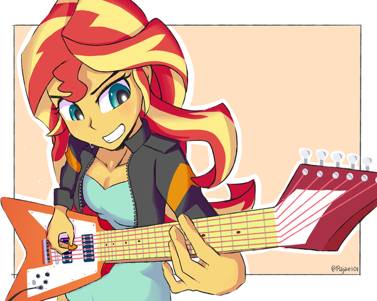 Size: 1255x1003 | Tagged: safe, artist:rajaie, derpibooru import, sunset shimmer, equestria girls, clothes, electric guitar, female, guitar, image, jacket, musical instrument, playing instrument, png, signature, simple background, solo, sunset shredder