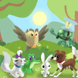 Size: 1400x1400 | Tagged: safe, artist:mlplary6, derpibooru import, angel bunny, gummy, opalescence, owlowiscious, tank, winona, bird, cat, crocodile, dog, owl, rabbit, turtle, animal, female, flying, friends, image, looking at you, male, pet, png, sitting, smiling, smiling at you, sun, tree