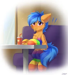 Size: 5400x6000 | Tagged: safe, artist:lunylin, derpibooru import, oc, oc:eclair winglain, unofficial characters only, pegasus, pony, blushing, chest fluff, clothes, cup, drink, ear fluff, eating, exclamation point, fast food, female, food, french fries, image, looking at you, pegasus oc, png, rainbow socks, sitting, socks, solo, striped socks, table, wings