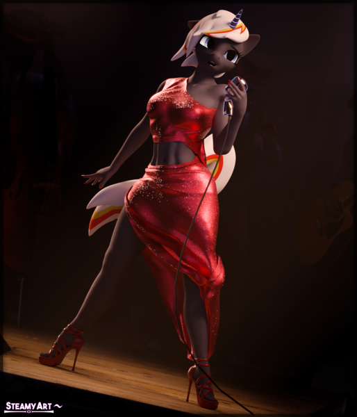 Size: 3291x3840 | Tagged: safe, artist:phenioxflame, derpibooru import, oc, oc:velvet remedy, anthro, unicorn, fallout equestria, clothes, dress, floppy ears, glow, glowing horn, high heels, horn, image, microphone, midriff, png, shoes, singing, solo