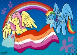 Size: 1280x904 | Tagged: safe, artist:shiiiny, derpibooru import, fluttershy, rainbow dash, butterfly, insect, pegasus, pony, cloud, duo, eyes closed, female, flag, flutterdash, flying, hoof hold, image, lesbian, lesbian pride flag, mouthpiece, open mouth, open smile, png, pride, pride flag, pride month, rainbow, shipping, signature, sky, smiling, spread wings, wings