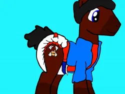 Size: 640x480 | Tagged: safe, artist:cavewolfphil, derpibooru import, oc, pony, blue background, clothes, coat, diaper, diaper fetish, fetish, g4, image, jpeg, male, non-baby in diaper, shirt, simple background, stallion, standing