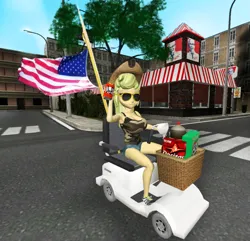 Size: 1122x1080 | Tagged: safe, artist:oatmeal!, derpibooru import, applejack, human, equestria girls, 3d, 4th of july, alcohol, american flag, beer, beer can, breasts, busty applejack, camouflage, chips, clothes, doritos, flag, food, freedom, gmod, holiday, image, kfc, mobility scooter, murica, png, shorts, solo, stupid sexy applejack, sunglasses, tanktop, united states, youtube link in the description