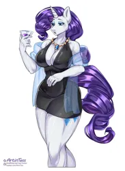 Size: 938x1280 | Tagged: suggestive, artist:artintess, derpibooru import, rarity, anthro, unicorn, absolute cleavage, big breasts, breasts, busty rarity, cleavage, clothes, dress, drink, female, image, jewelry, minidress, necklace, png, simple background, solo, thighs, thunder thighs, white background