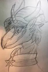 Size: 762x1141 | Tagged: safe, artist:schwarz, derpibooru import, oc, oc:schwarz, dragon, unicorn, dragonified, hat, image, jpeg, simple background, sketch, species swap, traditional art, wizard hat